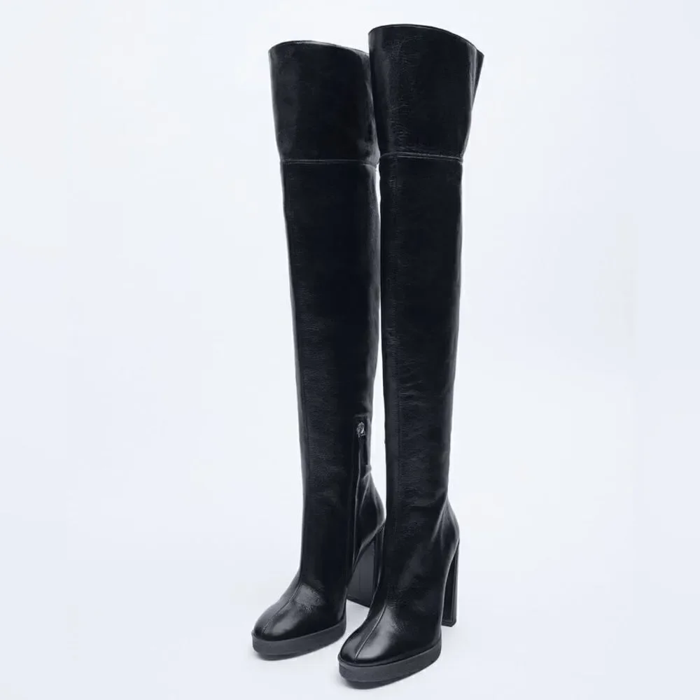 Zara OVER-THE-KNEE LEATHER BOOTS WITH FAUX SHEARLING LINING